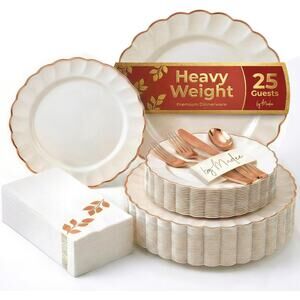 By Madee HEAVYWEIGHT Fancy Disposable Dinnerware Set  175-Piece IvoryRose Gold